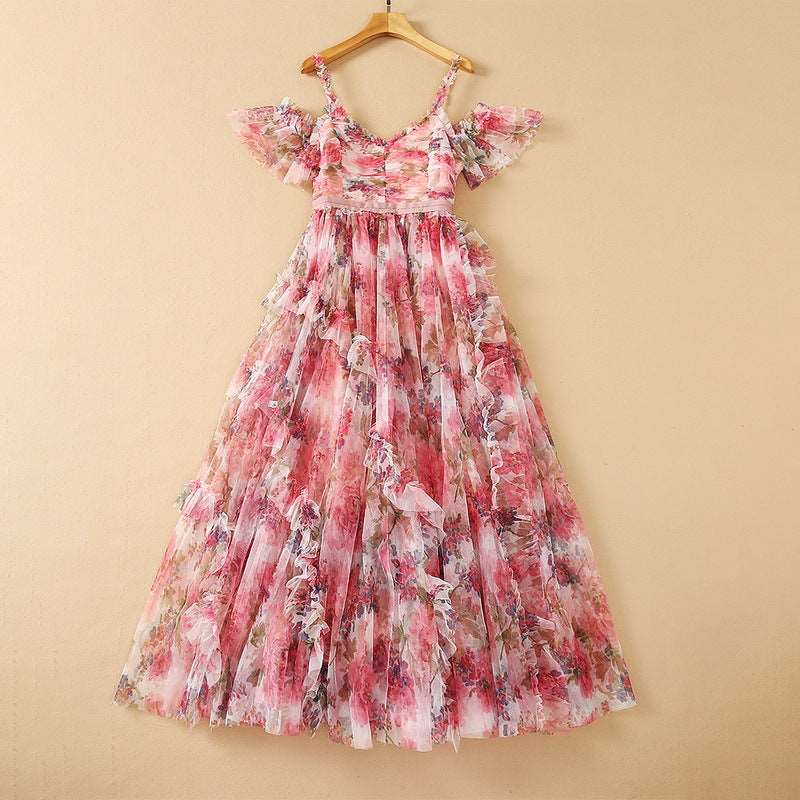 Women's Mesh Floral Print High Waist Dress - ChoreGirl