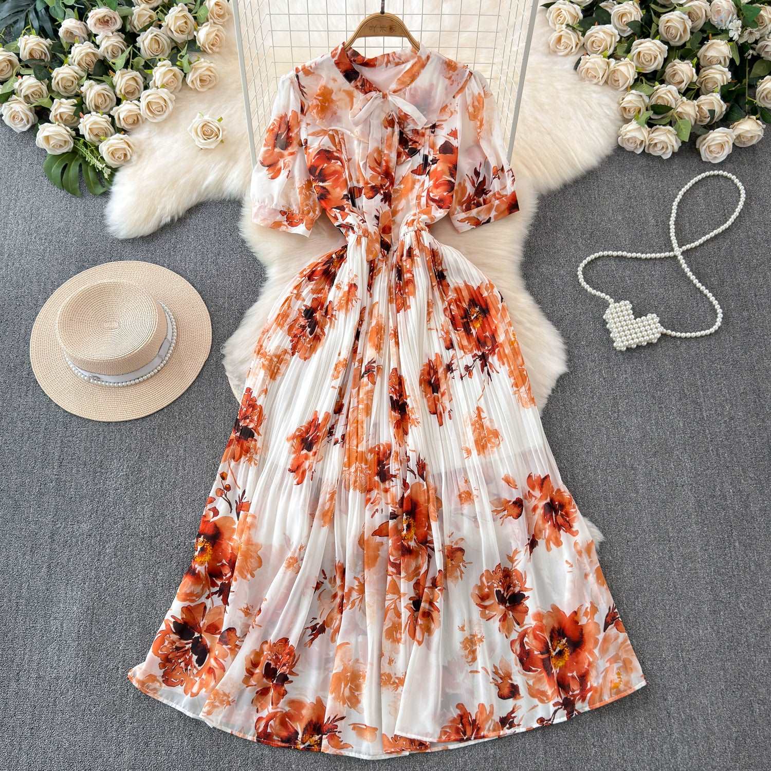 Women's Lace-up Bow Collar Slim Fit Long Chiffon Dress - ChoreGirl