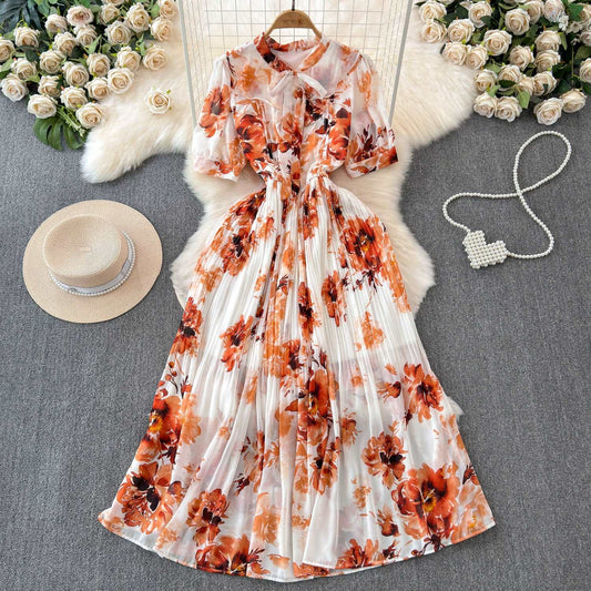 Women's Lace-up Bow Collar Slim Fit Long Chiffon Dress - ChoreGirl