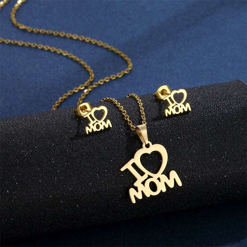 Women's Mother's Day Stainless Steel I Love Mom Heart Pendant Necklace and Earrings Jewelry Set - ChoreGirl