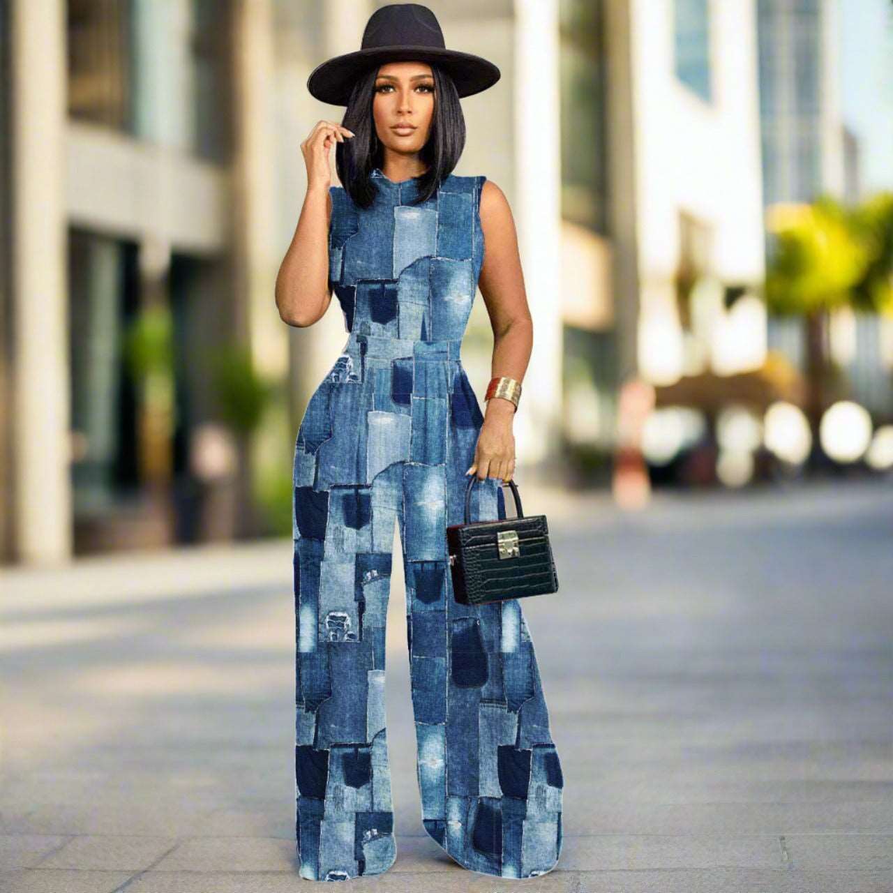 Women's Colorful Pattern Print Sleeveless Wide Leg Pants and Bodysuit Outfit Set - ChoreGirl