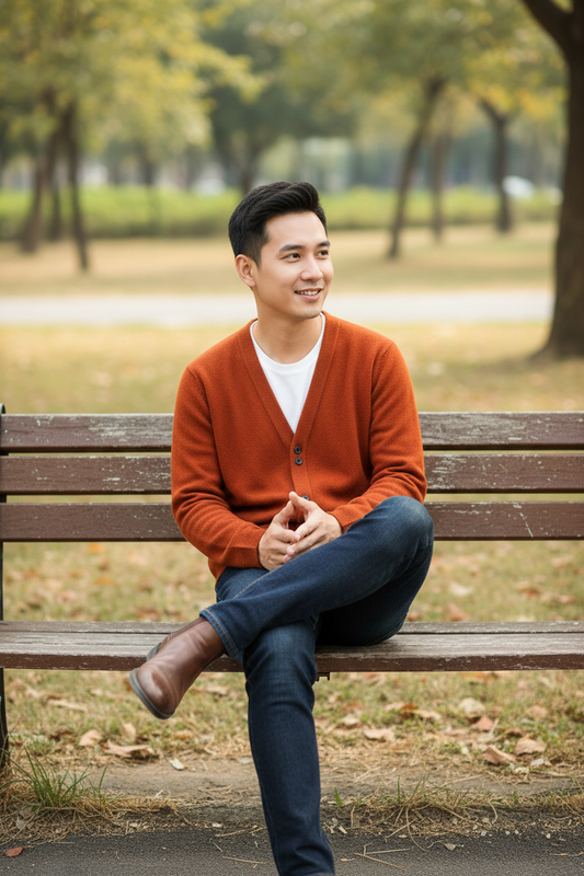 Men's V-Neck Wool Cardigan - Loose Fit Coarse Knit Sweater