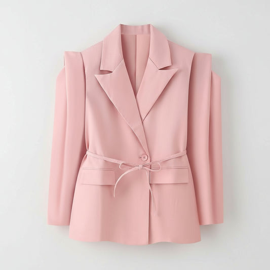 Pink blazer with a belt on a white background