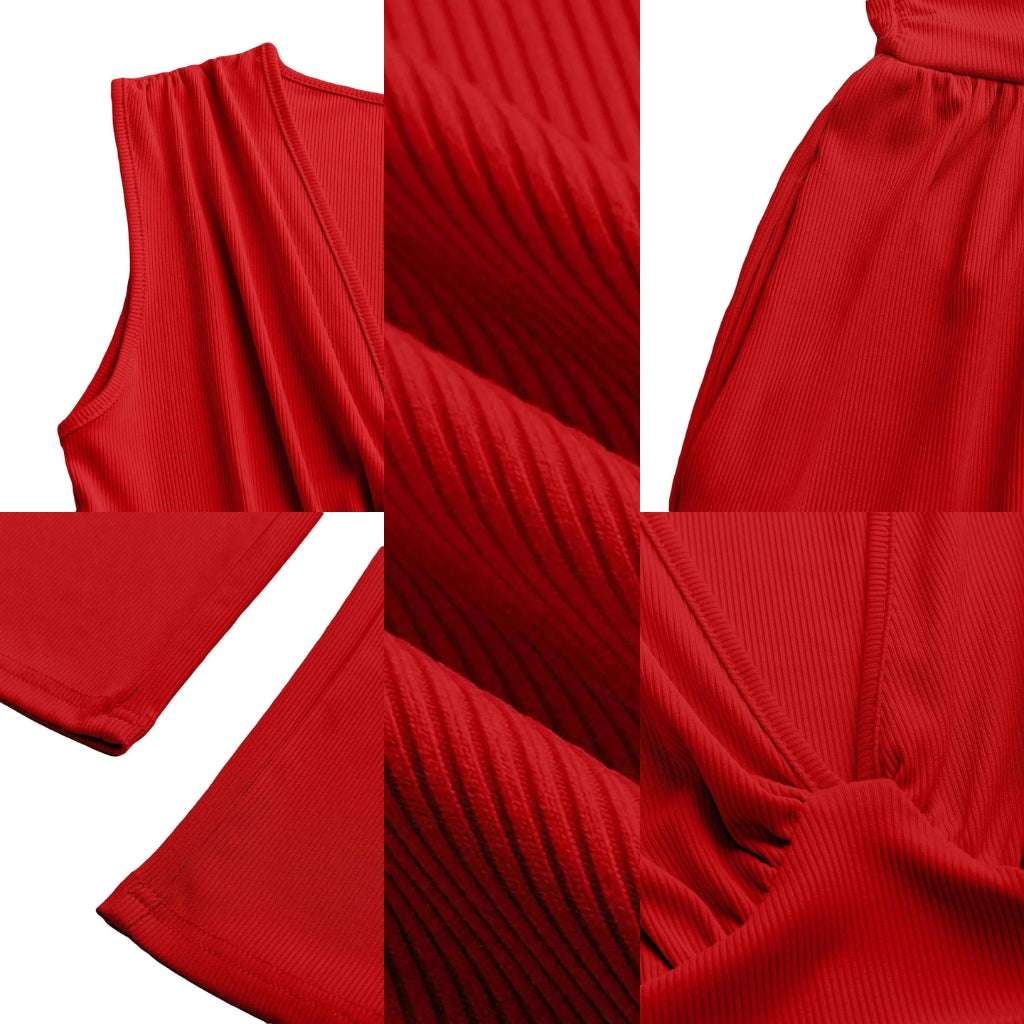 Red ribbed fabric shown from different angles on a white background