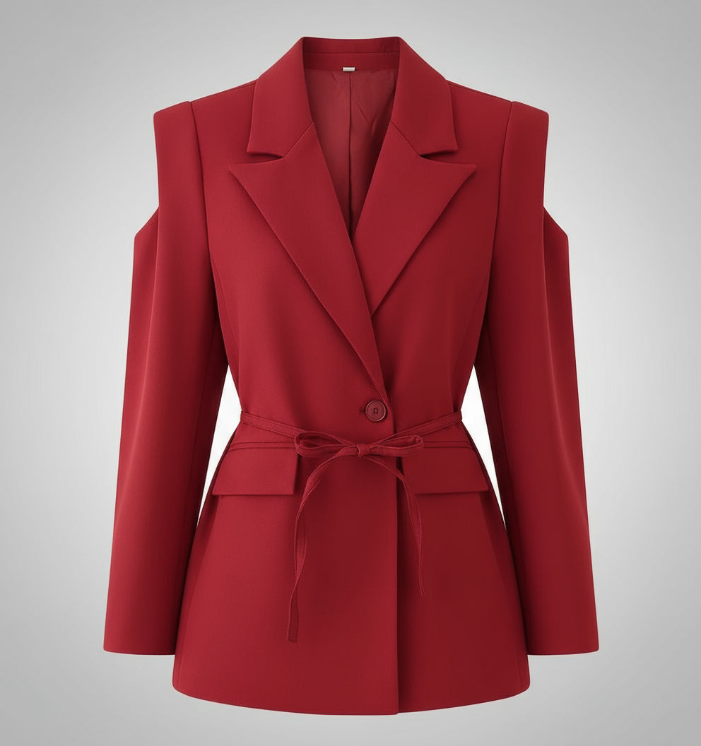 Red blazer with cold-shoulder design on a white background