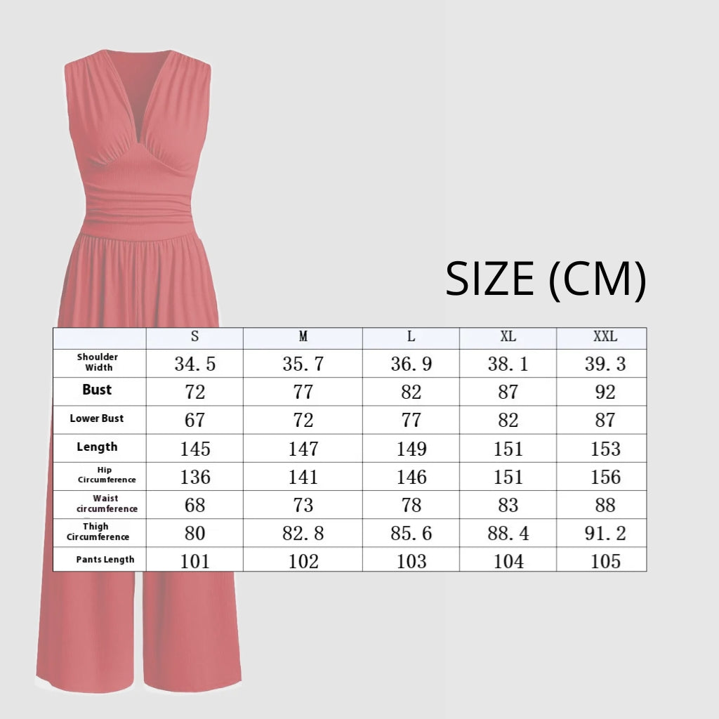 Pink sleeveless dress with size chart on a gray background
