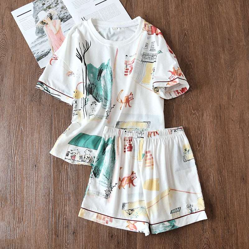 Women's Cotton Short Sleeved Shirt and Shorts Two-Piece Pajamas Set - ChoreGirl