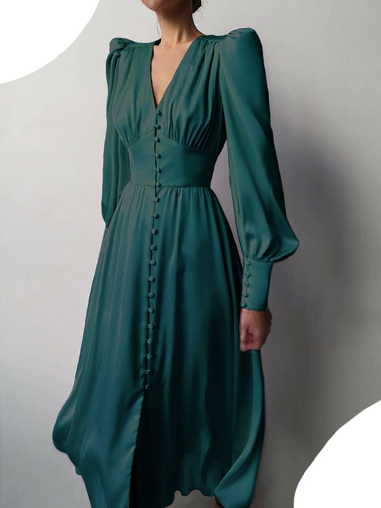 Women's Elegant Single Breasted High Waist Satin Long Dress - ChoreGirl
