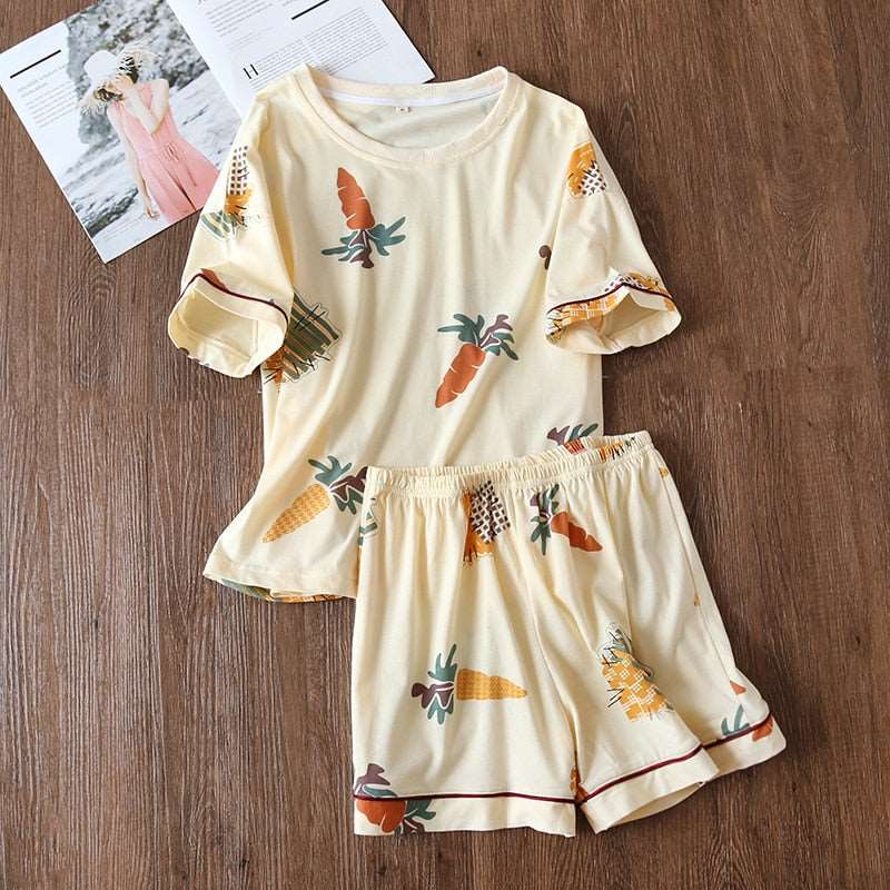 Women's Cotton Short Sleeved Shirt and Shorts Two-Piece Pajamas Set - ChoreGirl