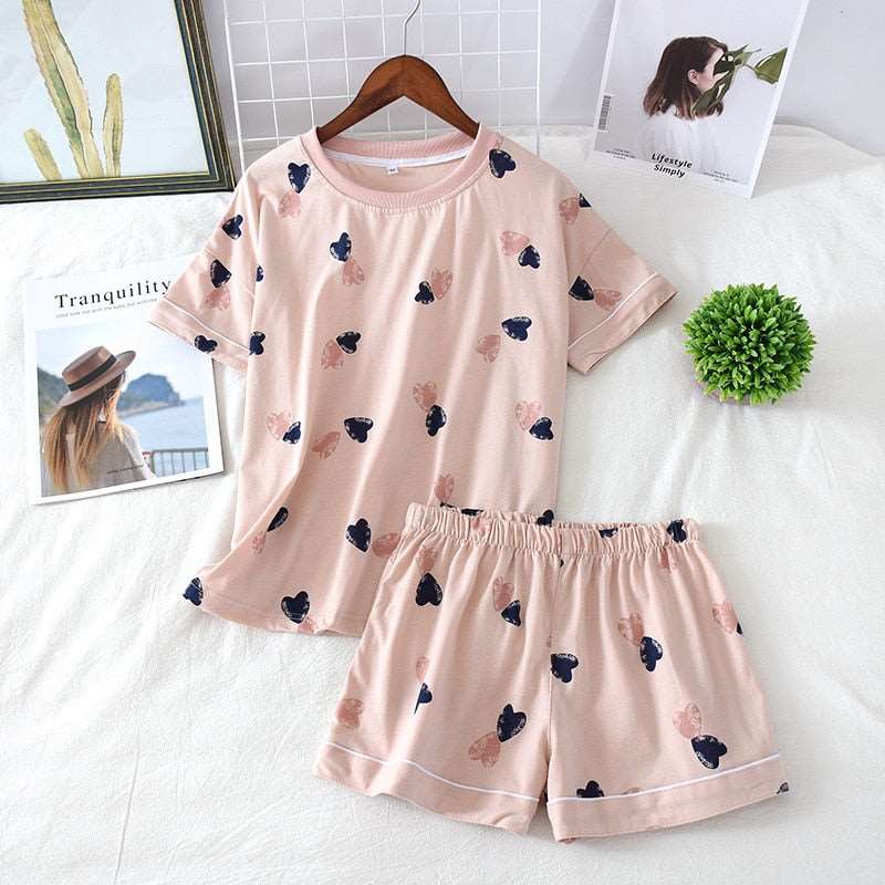Women's Cotton Short Sleeved Shirt and Shorts Two-Piece Pajamas Set - ChoreGirl