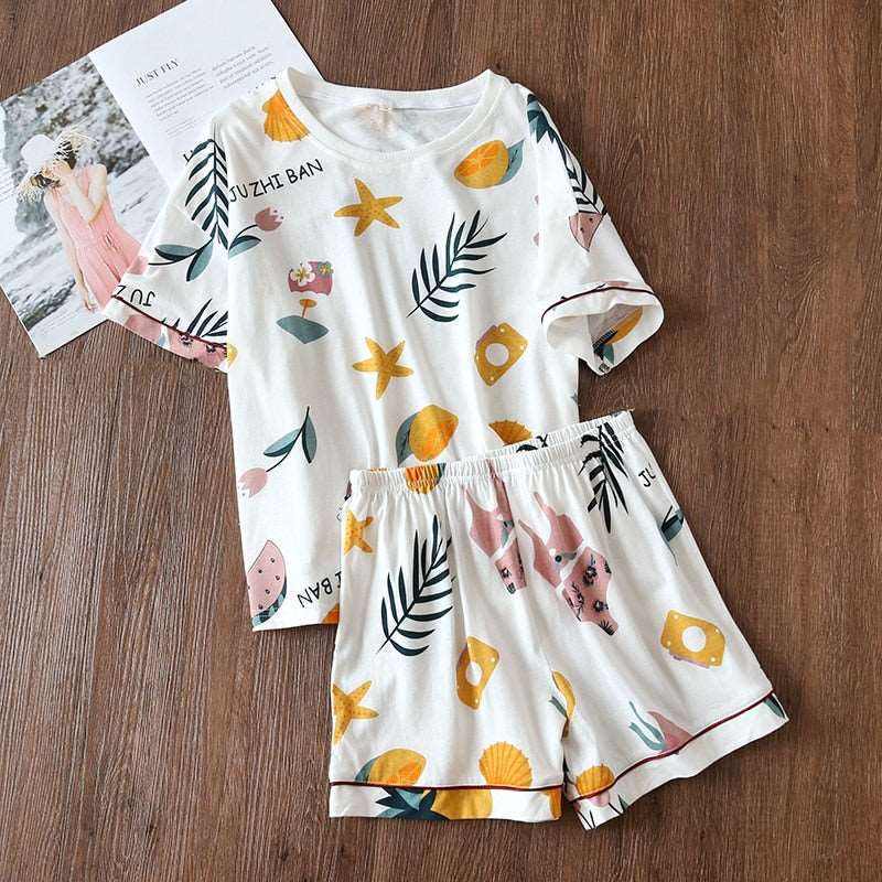 Women's Cotton Short Sleeved Shirt and Shorts Two-Piece Pajamas Set - ChoreGirl