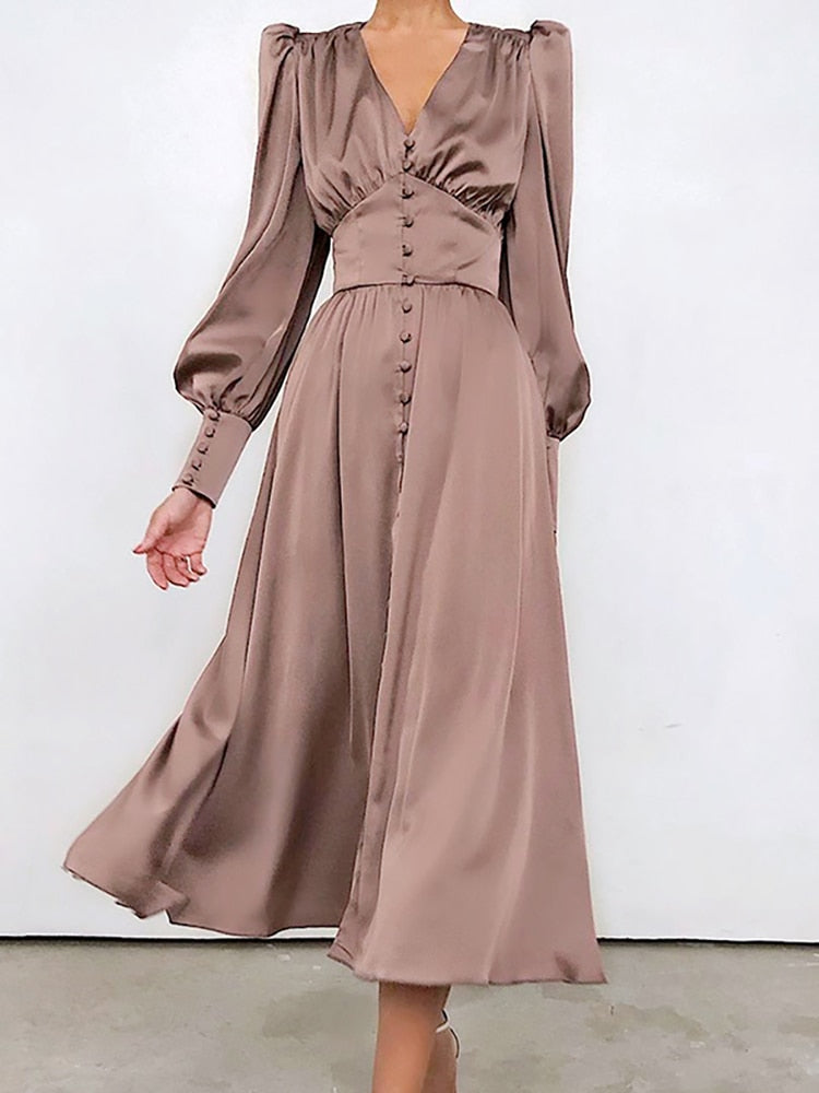 Women's Elegant Single Breasted High Waist Satin Long Dress - ChoreGirl