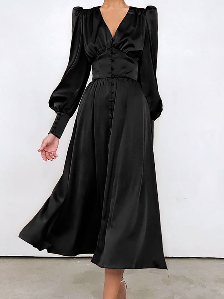 Women's Elegant Single Breasted High Waist Satin Long Dress - ChoreGirl