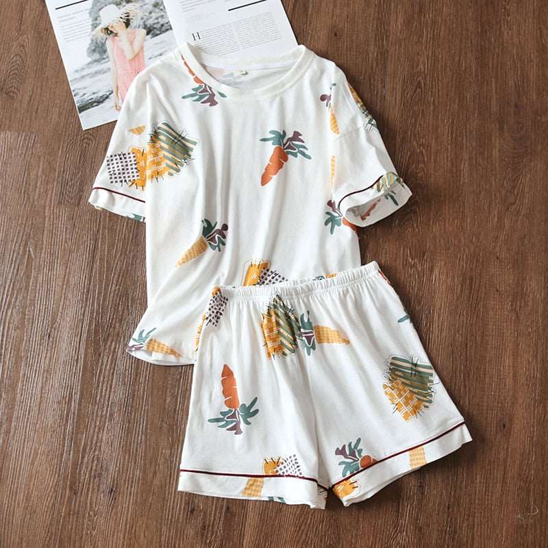 Women's Cotton Short Sleeved Shirt and Shorts Two-Piece Pajamas Set - ChoreGirl