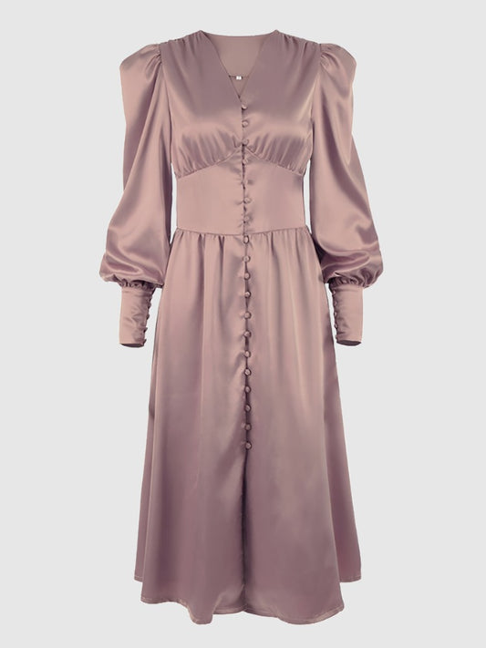 Women's Elegant Single Breasted High Waist Satin Long Dress - ChoreGirl