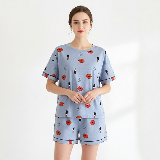 Women's Cotton Short Sleeved Shirt and Shorts Two-Piece Pajamas Set