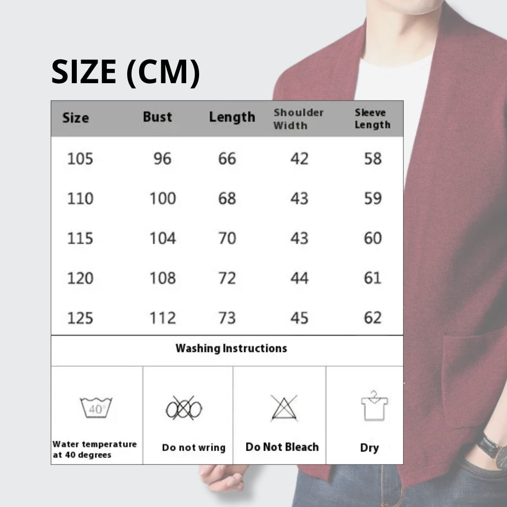 Size chart and washing instructions for a garment with a person wearing the garment.