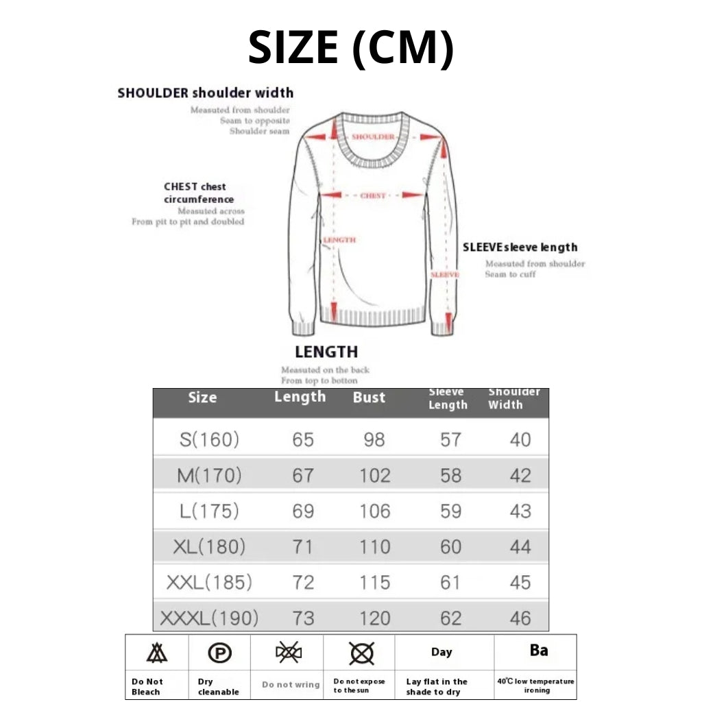 Size chart for a sweater with measurements in centimeters