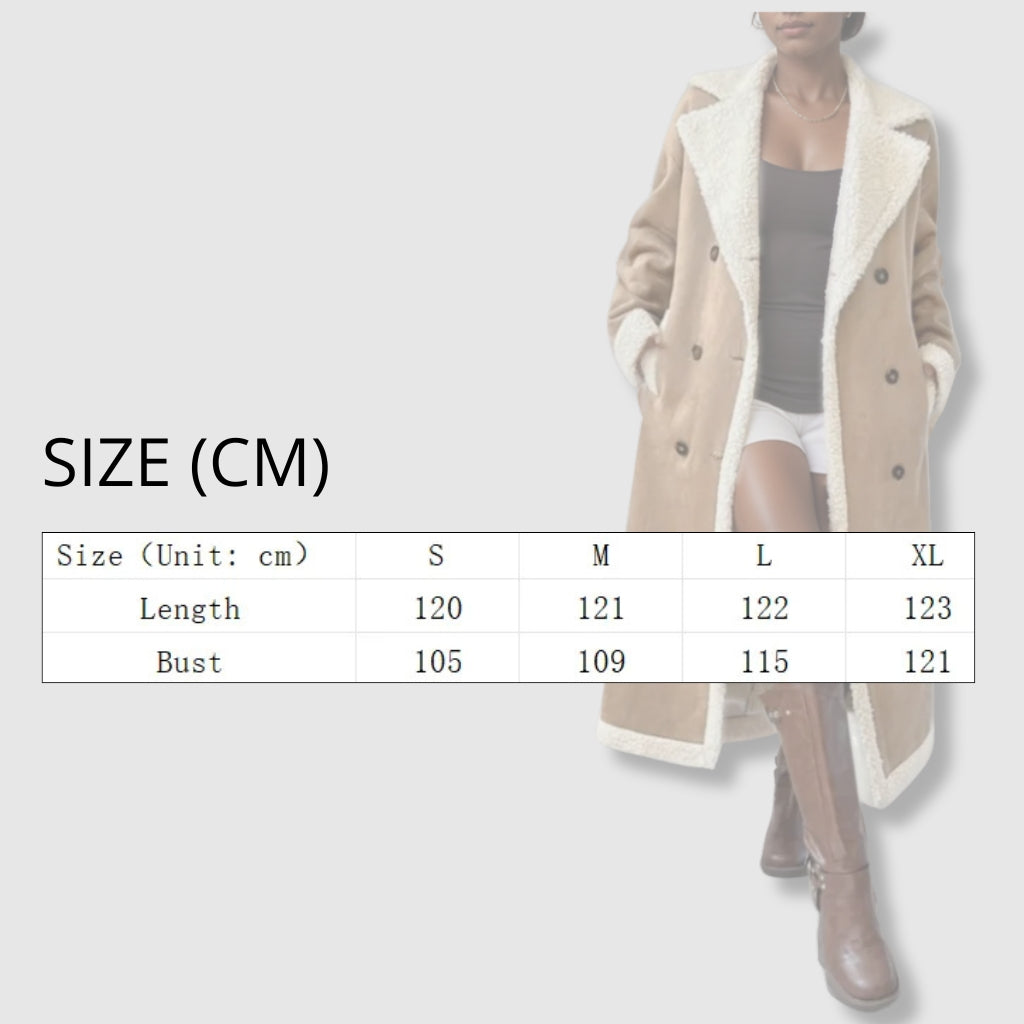 Beige coat with size chart on a white background