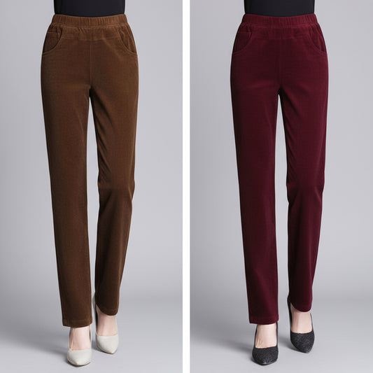 Two pairs of pants, one brown and one burgundy, on a gray background.