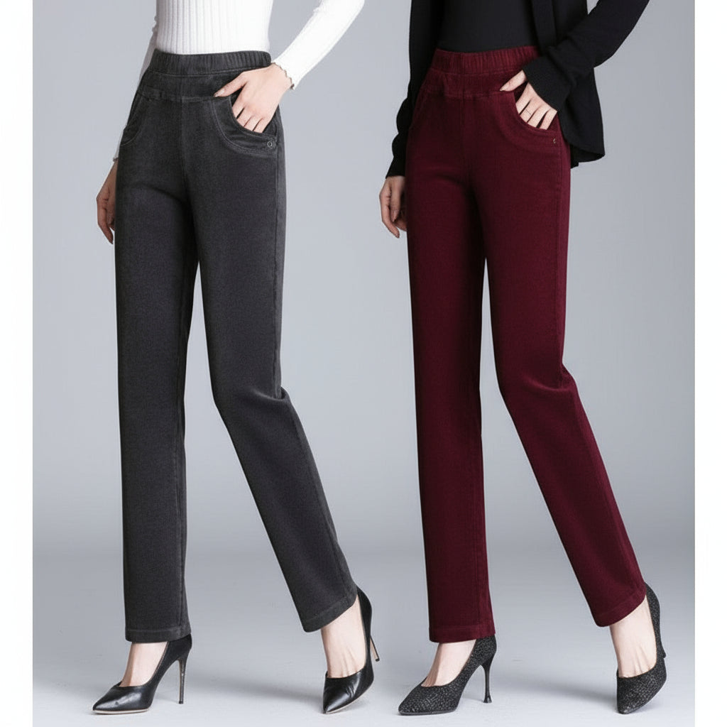 Two pairs of pants, one gray and one burgundy, on a gray background.