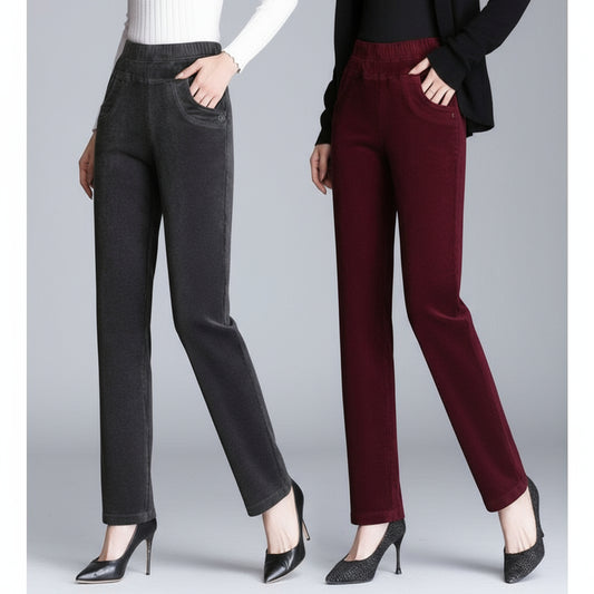 Two pairs of pants, one gray and one burgundy, on a gray background.