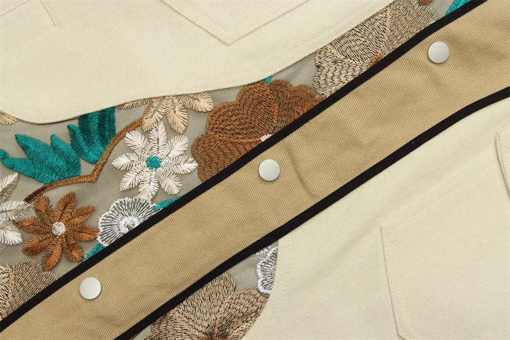 Unisex Loose Fit Shirt Style Jacket Whit Embroidered Flowers - ChoreGirl