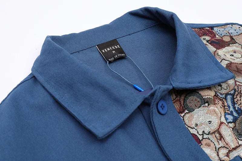 Men's Blue Stitching Patch Pattern Thin Button Up Shirt - ChoreGirl