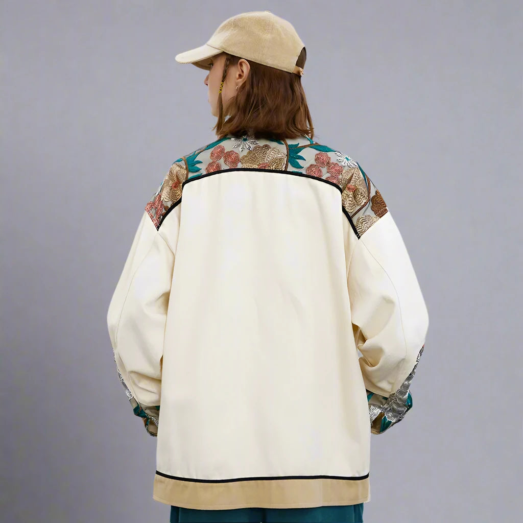 Unisex Loose Fit Shirt Style Jacket Whit Embroidered Flowers - ChoreGirl