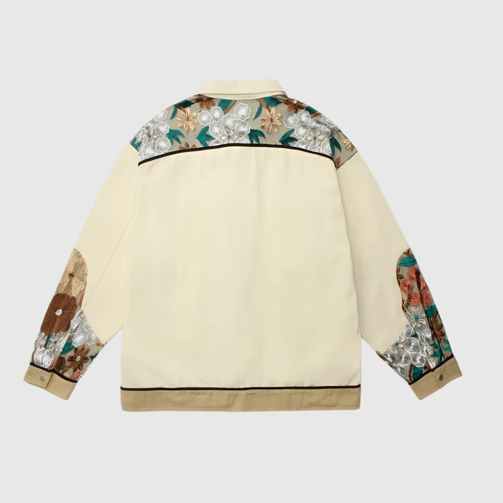 Unisex Loose Fit Shirt Style Jacket Whit Embroidered Flowers - ChoreGirl