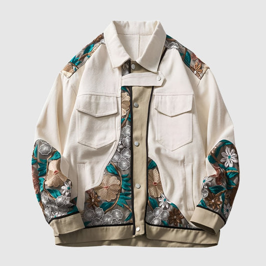 Unisex Loose Fit Shirt Style Jacket Whit Embroidered Flowers - ChoreGirl