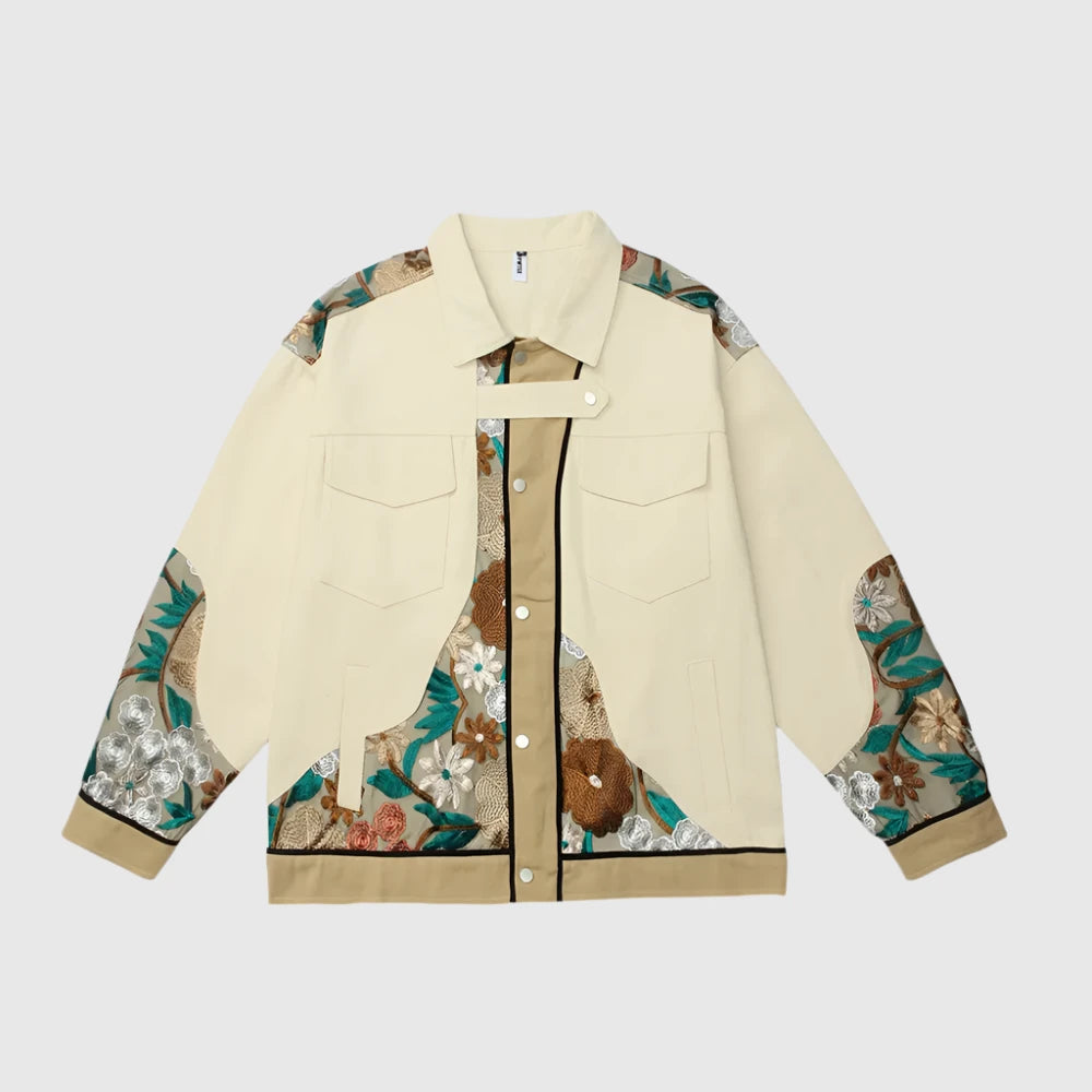 Unisex Loose Fit Shirt Style Jacket Whit Embroidered Flowers - ChoreGirl