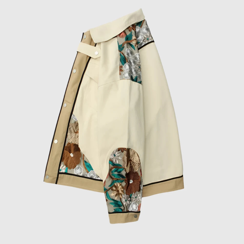 Unisex Loose Fit Shirt Style Jacket Whit Embroidered Flowers - ChoreGirl