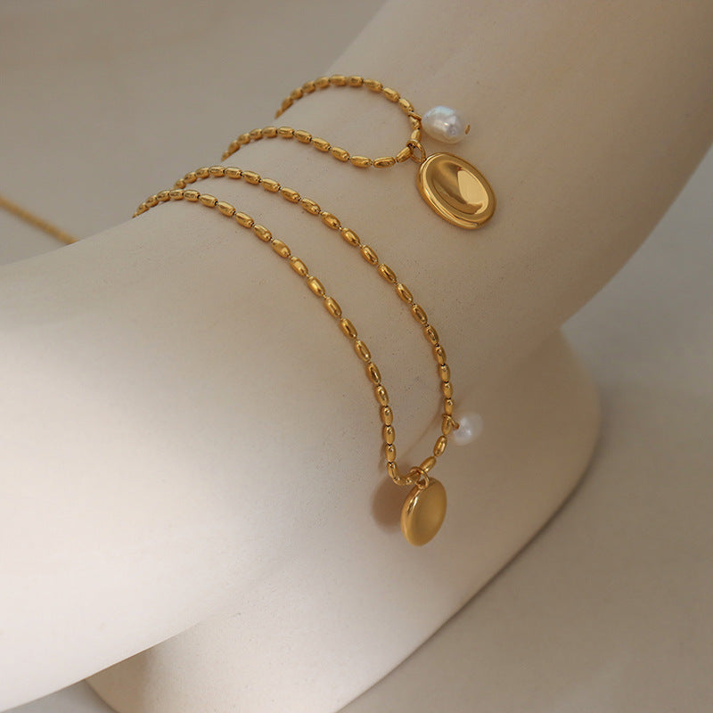 Unisex Titanium Steel Oval Necklace with Pearl Charm - ChoreGirl