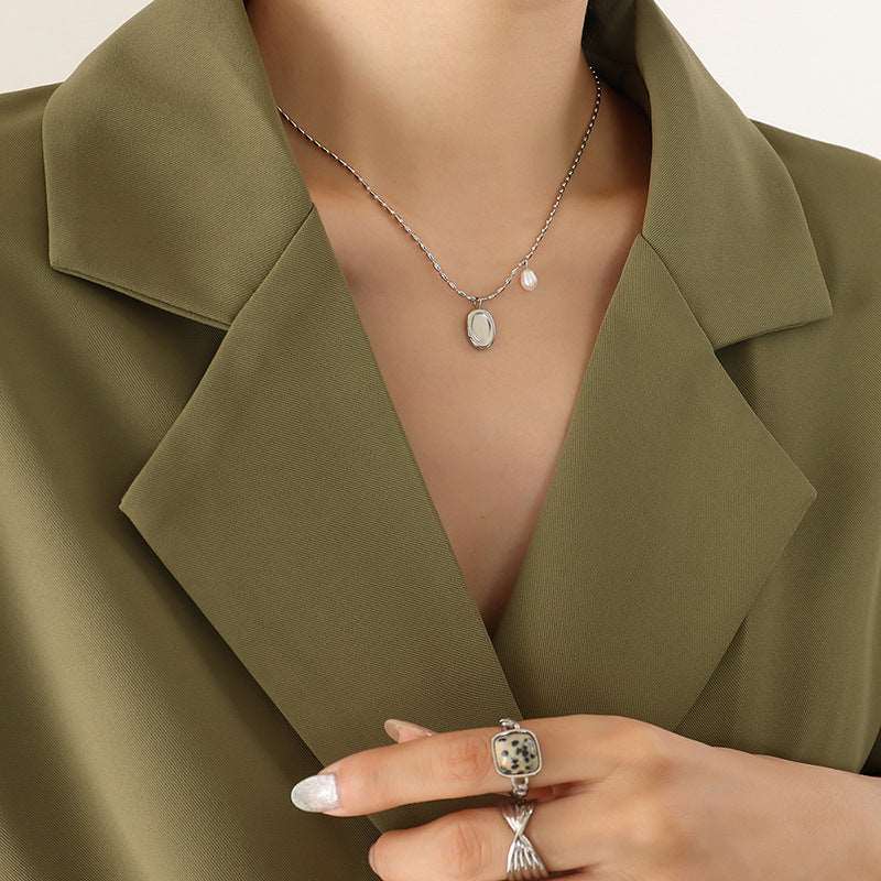 Unisex Titanium Steel Oval Necklace with Pearl Charm - ChoreGirl