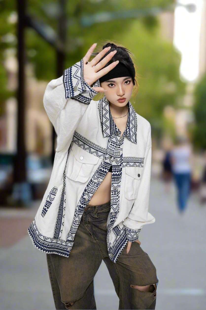 Unisex White Ethnic Pattern Jacket - ChoreGirl
