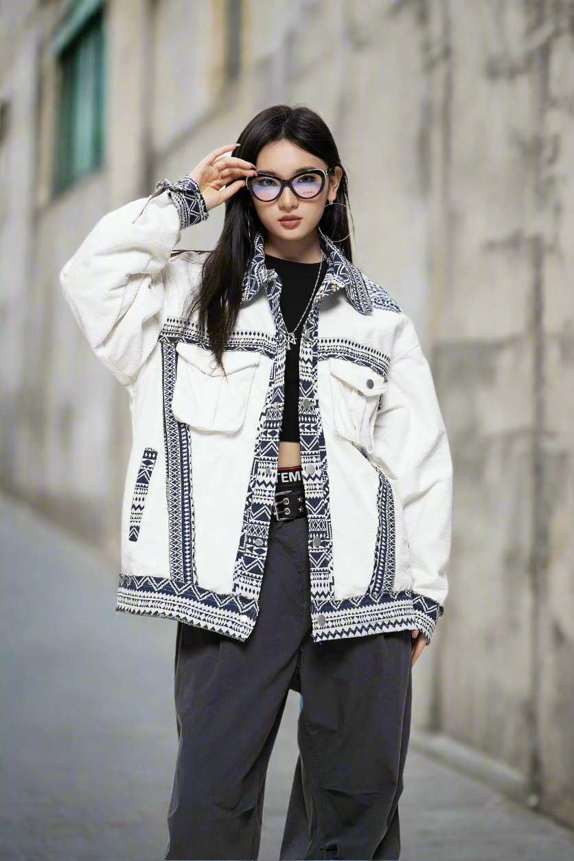Unisex White Ethnic Pattern Jacket - ChoreGirl