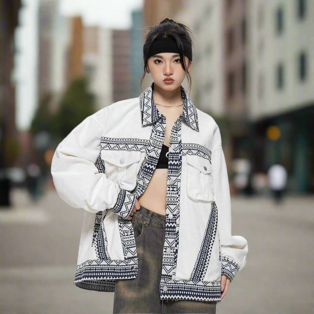 Unisex White Ethnic Pattern Jacket - ChoreGirl
