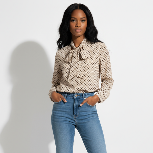 Women’s French Style Loose Button-Up Shirt – Elegant Geometric Print