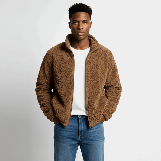 Men's Warm Fleece Padded Zip-up Jacket Hooded or Hoodless, Knit-like Pattern