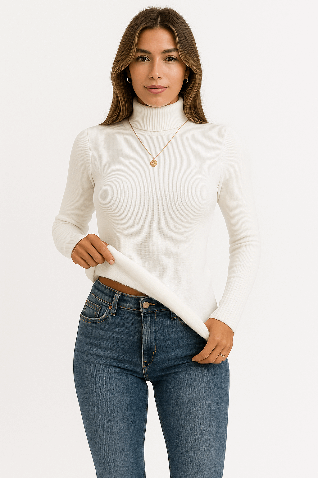 Woman wearing a white turtleneck sweater and blue jeans on a white background