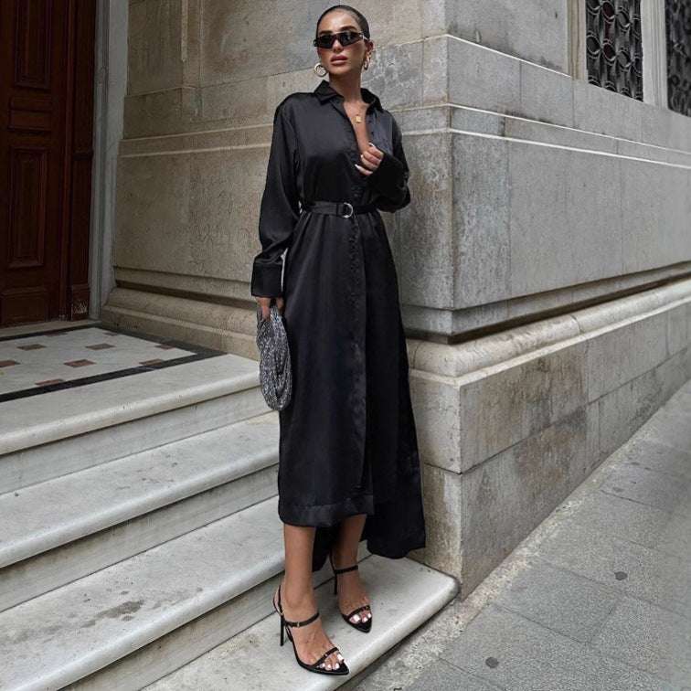 Women's Asymmetric Cut Slit Satin Shirt Dress with Belt - ChoreGirl