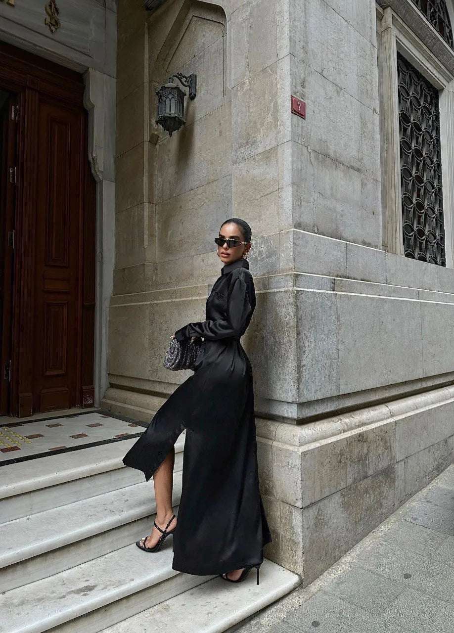 Women's Asymmetric Cut Slit Satin Shirt Dress with Belt - ChoreGirl