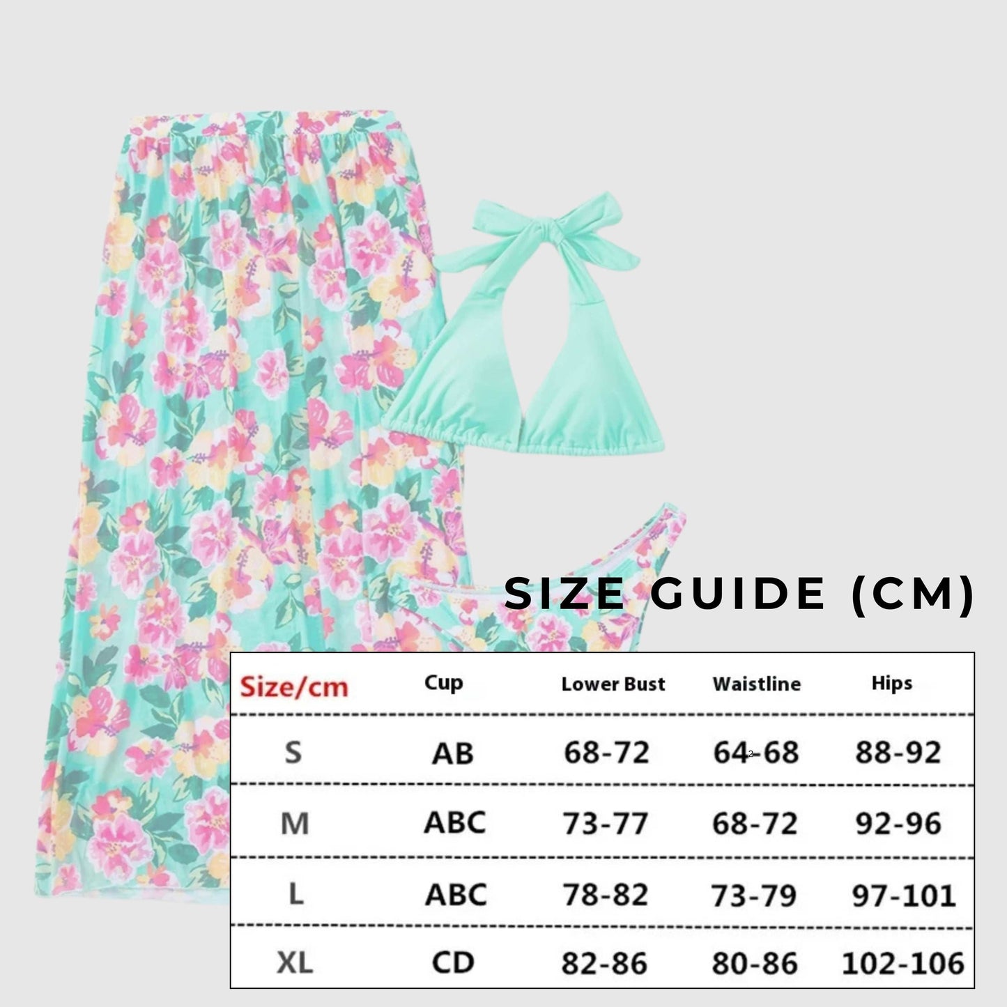 Women's Beach 3-piece Set: Swimming Suit Top, High Waist Swimming Suit Pants and High Slit Cover Skirt - ChoreGirl