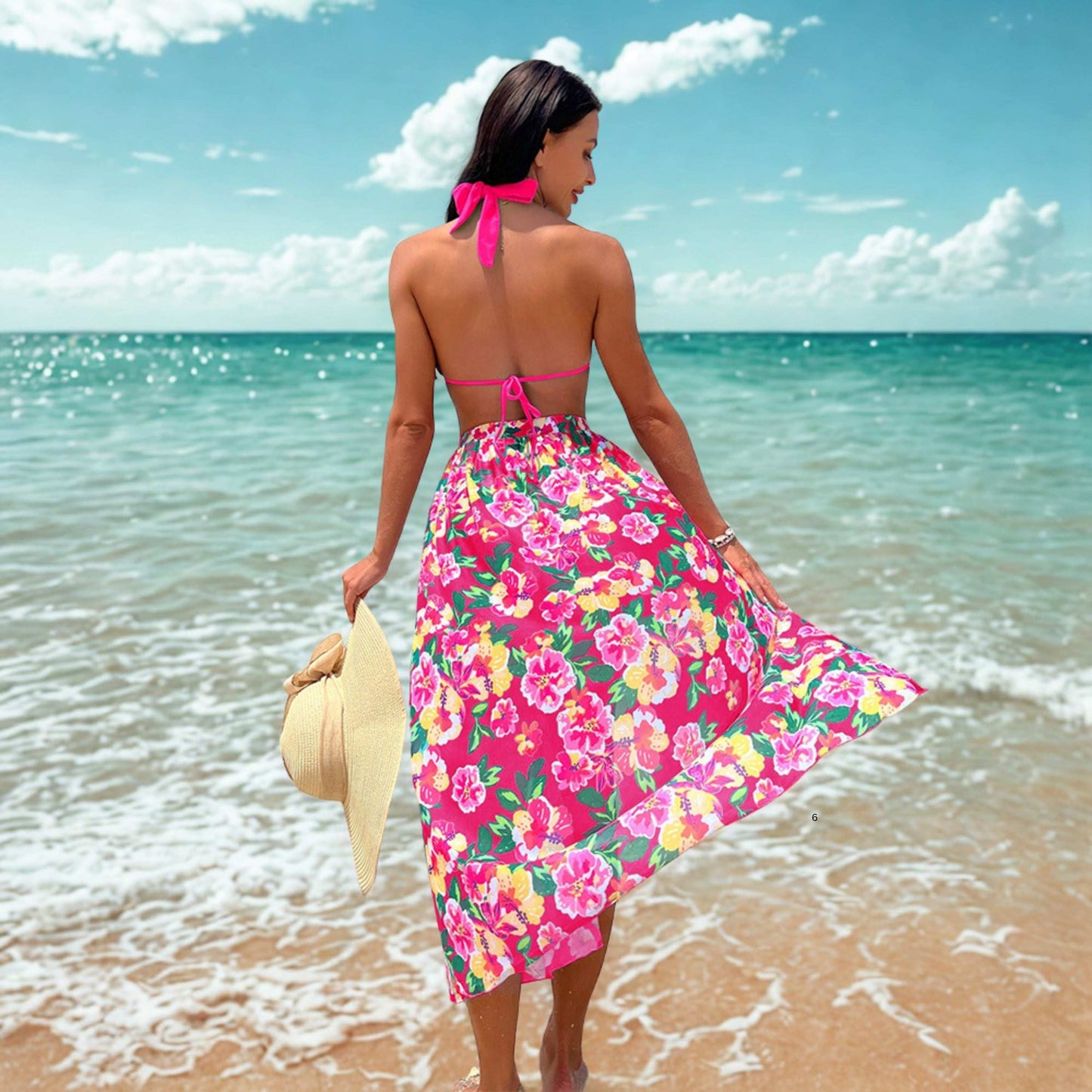 Women's Beach 3-piece Set: Swimming Suit Top, High Waist Swimming Suit Pants and High Slit Cover Skirt - ChoreGirl