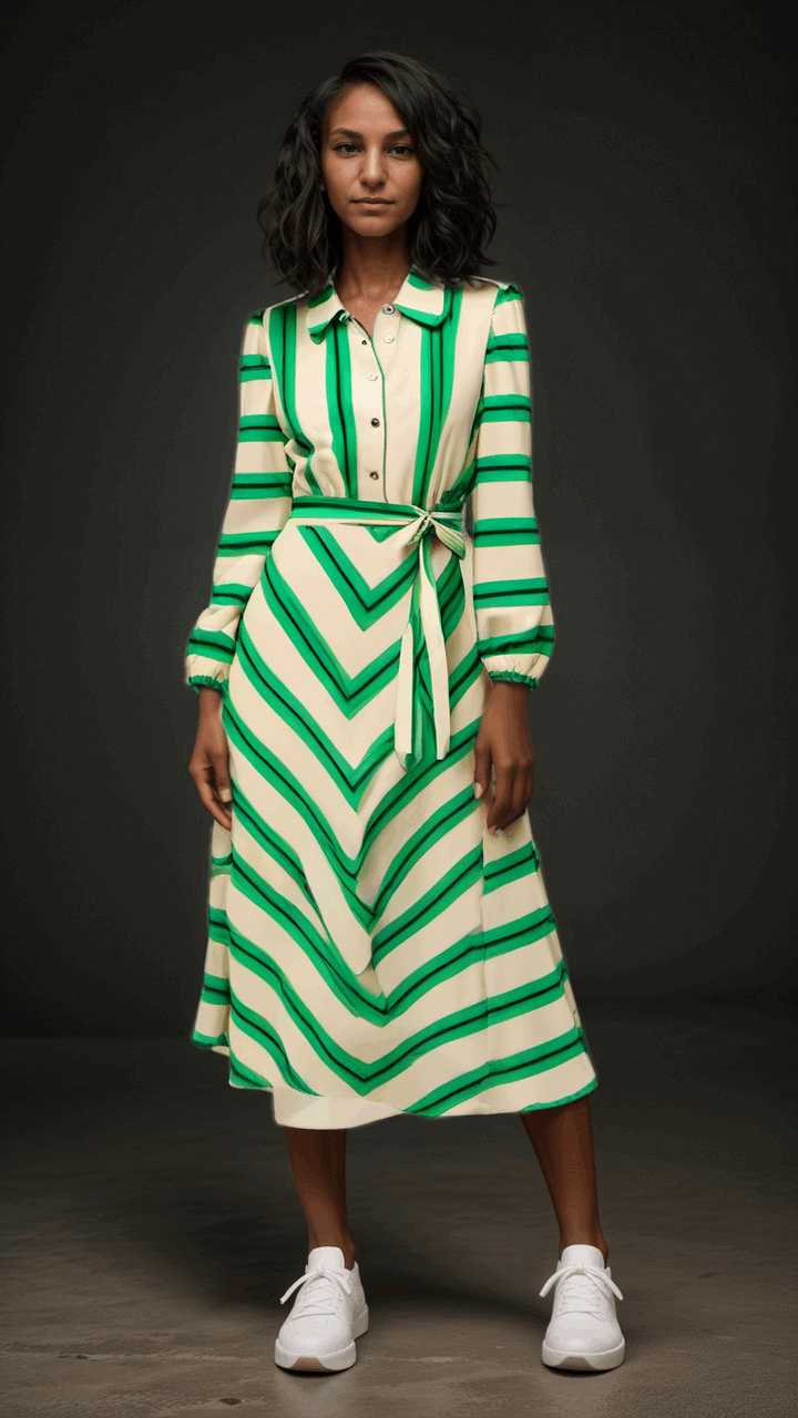 Women's Casual Colorful Stripes Slim-fit Shirt Dress with Belt - ChoreGirl