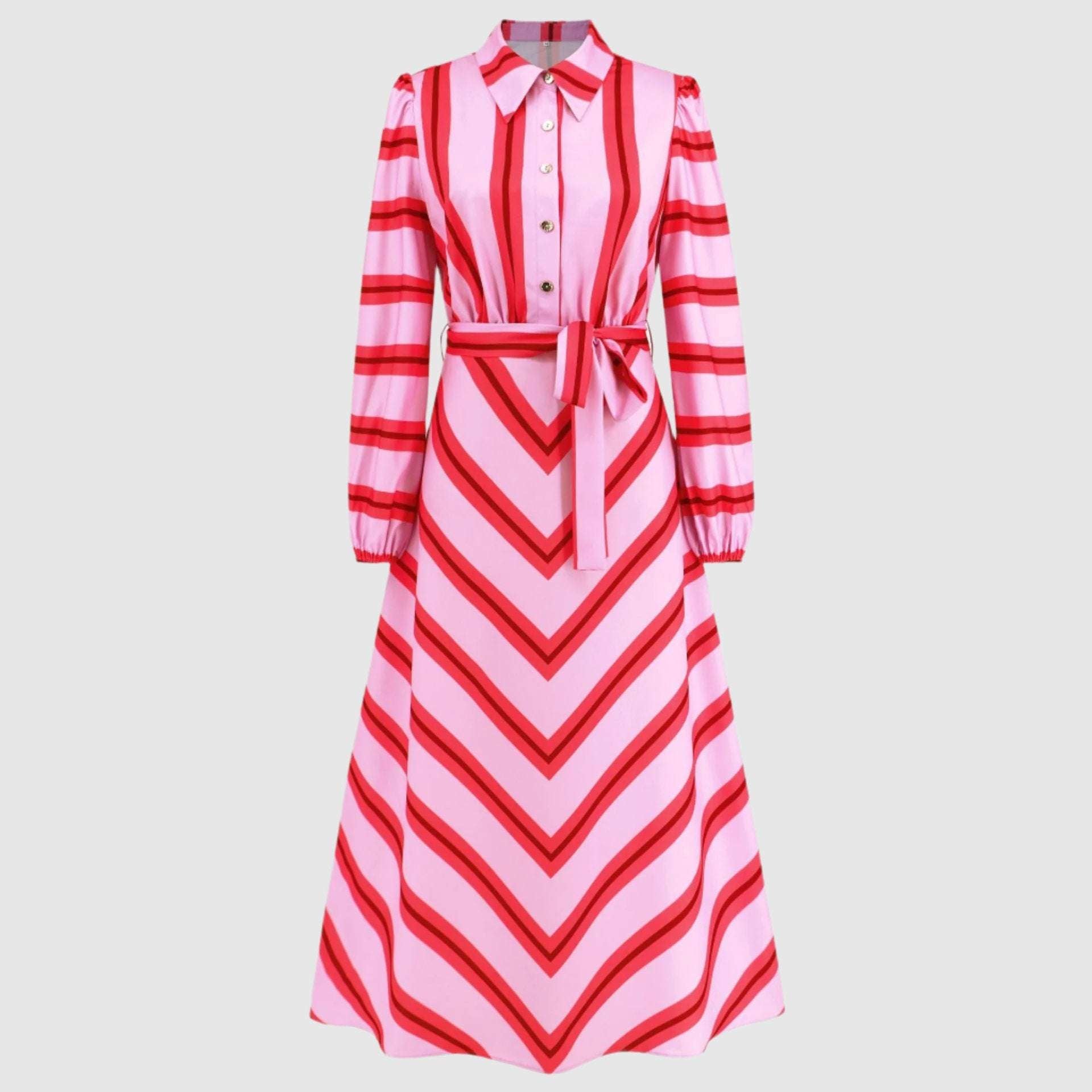Women's Casual Colorful Stripes Slim-fit Shirt Dress with Belt - ChoreGirl