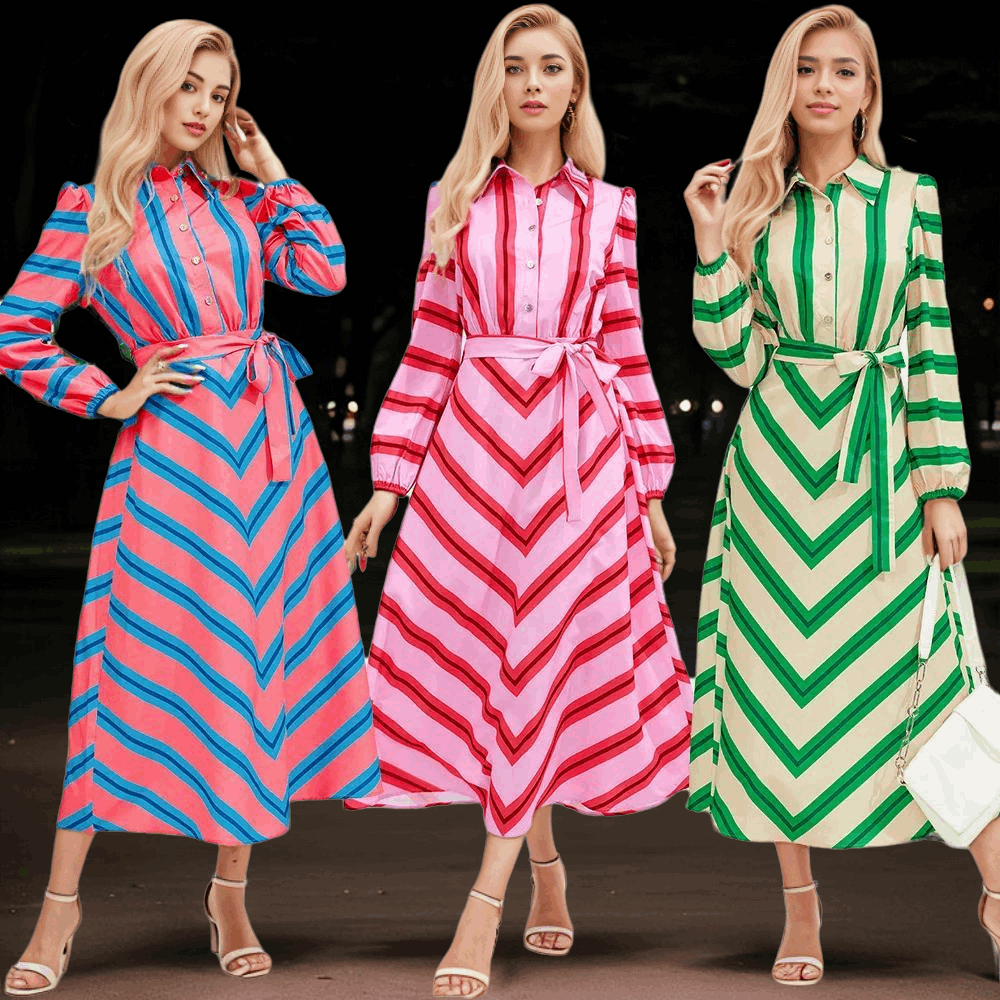 Women's Casual Colorful Stripes Slim-fit Shirt Dress with Belt - ChoreGirl