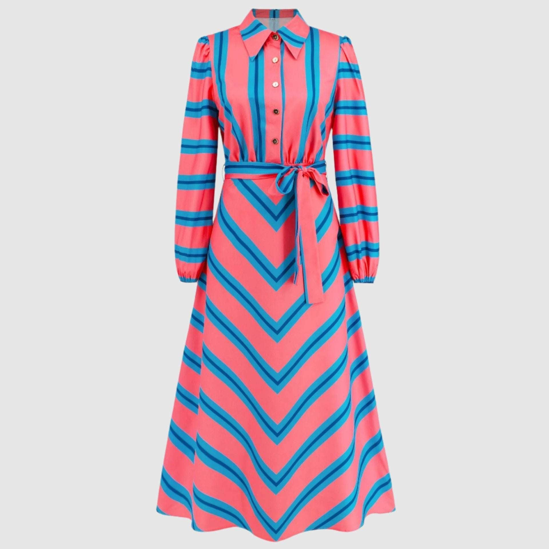 Women's Casual Colorful Stripes Slim-fit Shirt Dress with Belt - ChoreGirl
