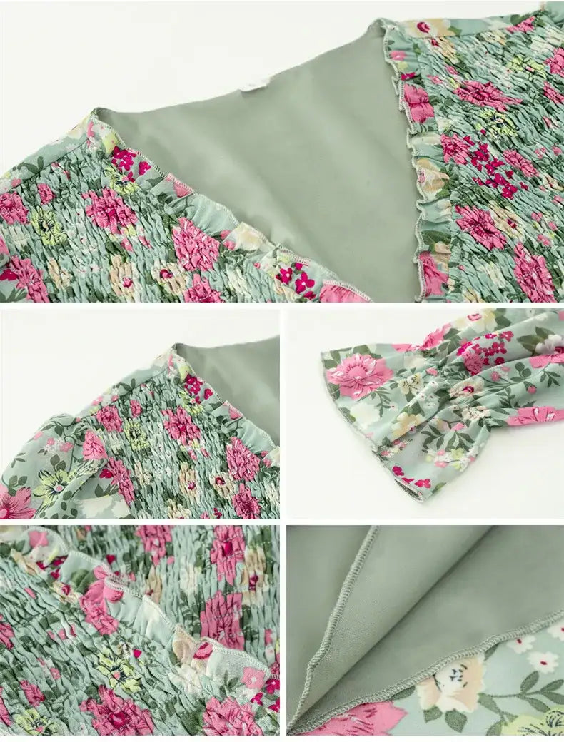 Women's Casual Elastic Waist V-neck Floral Print Dress - ChoreGirl